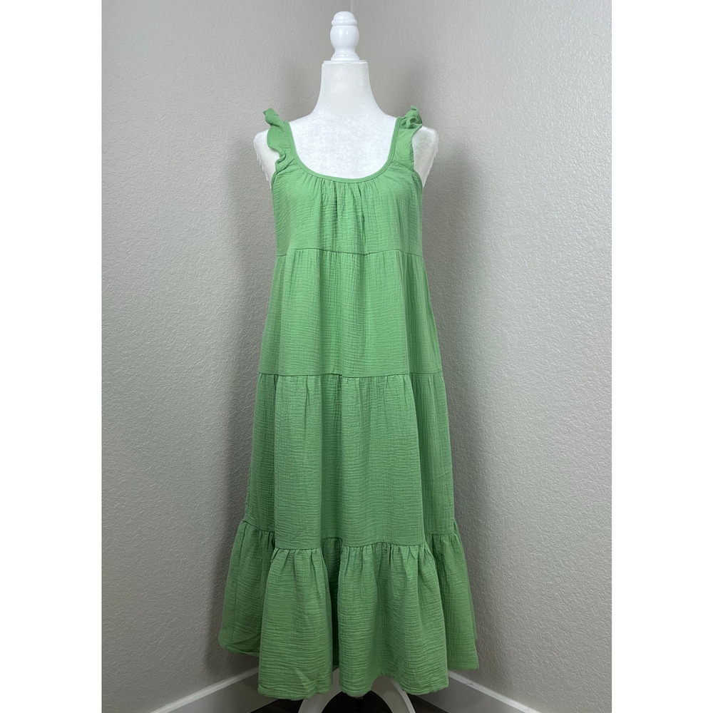 Marine Layer Womens M Jude Flutter Sleeve Green Tiered Midi Cotton Gauze Dress